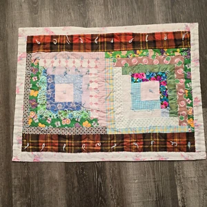 Vintage Baby Blanket Quilt Log Cabin Block Pattern Bunny Astronaut Fabric Small - Picture 1 of 16