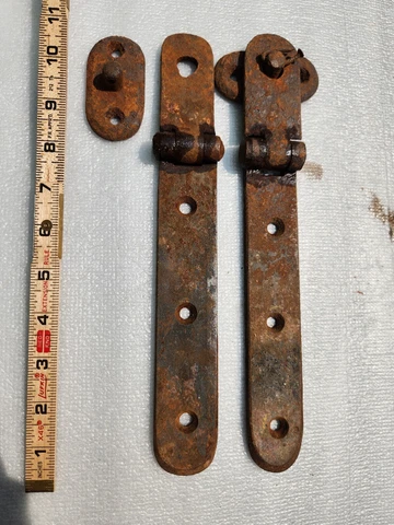 2 Vintage Gate Hinges. 11" total length - 7 1/2"& 3 1/2".  1 1/2" wide 3 holes Cover