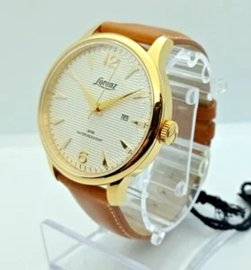 OROLOGIO UOMO LORENZ VINTAGE STYLE CASSA ORO PVD 42mm,CINTURINO PELLE MARRONE - Foto 1 di 7