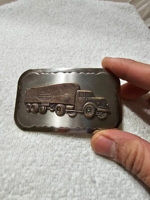 Vtg silver tone metal & brass trucker truck belt buckle - Image 1 of 4