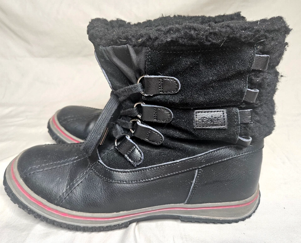 Botas de neve femininas Pajar 9 9,5 EUR 40 impermeáveis couro preto lã isolada - Imagem 1 de 4