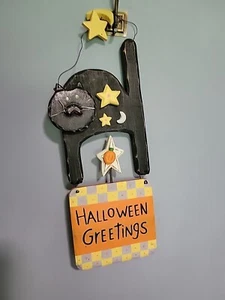 Black Cat  Halloween Greetings Wood Wall Plaque Ilona Steelhammer Midwest  - Picture 1 of 9