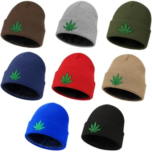 Marijuana Beanie Hat, Weed Leaf Knit Cap w/ Faux Fur Lining, Unisex Winter Warm - Picture 1 of 9