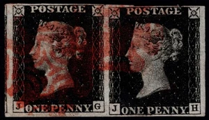 1840 1d Black Plate 5 JG-JH 4m Pair 2x Red Maltese Cross VG/FU Cat. £1,250.00 - Picture 1 of 1