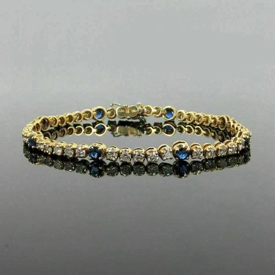 Brazalete Tenis 8 Ct Corte Redondo Zafiro Azul Simulado Chapado en Oro Amarillo 14K Foto 1 de 4