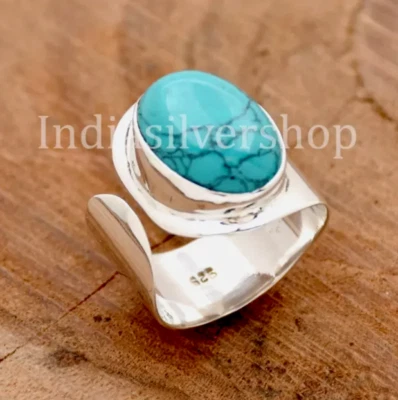 Banda de plata turquesa hecha a mano anillo ajustable banda ancha de plata Foto 1 de 4