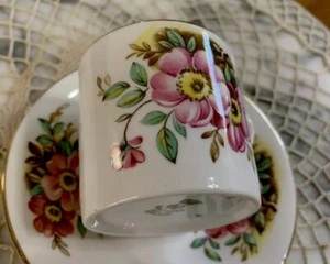 Antique Demitasse Cup & Saucer Gold TrIm Pink Flower Md. In English Bone China - Picture 1 of 4