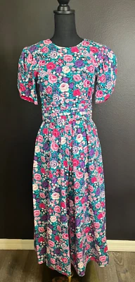 VTG 80's A-line Dress Sz 3/4 Floral Multicolor Cottagecore Puff sleeve USA Made - Image 1 of 4