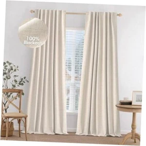100% Blackout Curtains 90 inches Long Linen Curtains & 52"W*90"L Natural - Picture 1 of 7