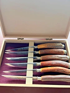 Anton Wingen Solingen Germany Rostfrei Engraved Stag Horn 6 Piece Knife Set - Picture 1 of 20
