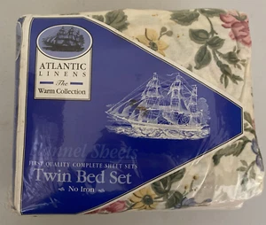 VTG ATLANTIC LINENS FLANNEL SHEET SET~TWIN~SOLID FITTED W/FLORAL TOP~USA MADE - Picture 1 of 4