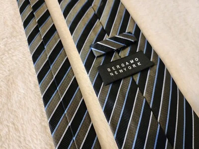 BERGAMO NEW YORK (Navy Blue & Green) Designer Striped Necktie - 100% Silk - Image 1 of 4