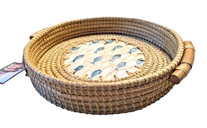 Halinh Rattan Bamboo Serving Tray 16 x 2.5 inch Ceramic Inlay Fish Double Handle - Picture 1 of 5