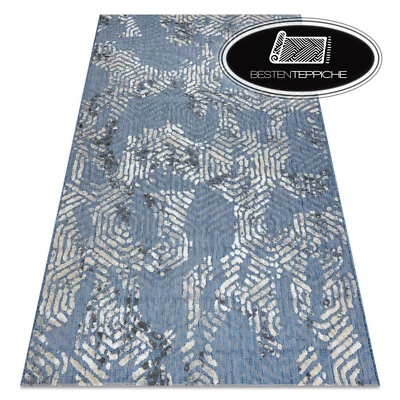 Modern Design Strukturell Carpet Sole Hexagons Blue Beige Flat Woven Vintage - Image 1 of 4