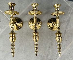 Vtg Heavy Solid Brass Wall Mount Torch Style Candle Sconces Holders 11"~India