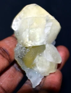 CHALCEDONY BUBBLES GROWN OVER YELLOW FLUORITE BALL WITH CALCITE ON QUARTZ BASE - Picture 1 of 4