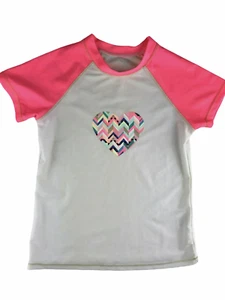 Cat & Jack Rash Guard T Shirt White / Pink Heart. Chevron Stripe Kid's Medium - Picture 1 of 8