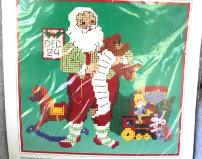 Vintage DIMENSIONS Plastic Canvas Kit Santa's List Wall Hanging Bear Train Drum - Image 1 of 4