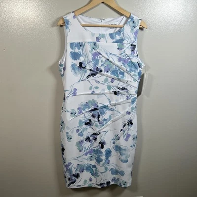 Calvin Klein Side Pleated Sheath Floral Dress Size 14 Blue Wedding Guest Church - Image 1 of 4