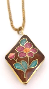 Vintage 70er Jahre braun Cloisonné Emaille doppelseitig Blumen Puffy Anhänger Halskette - Bild 1 von 7