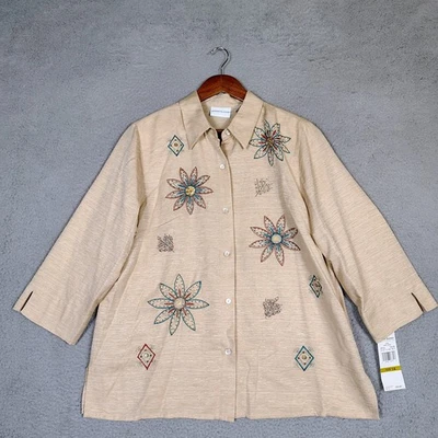 Top Alfred Dunner Para Mujer 14 Beige 100% Seda Floral Bordado Botón Delantero Nuevo Con Etiquetas Foto 1 de 4