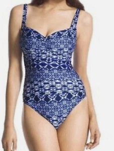 LA BLANCA Blue Whute Tie Die Print Tangier Tile 1 Piece Swimsuit sz 8 med Swim - Picture 1 of 9