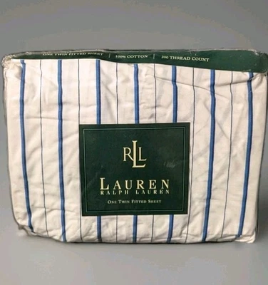 Vintage Lauren Ralph Lauren Porcelain Blue White Stripe Twin Fitted Sheet NEW - Image 1 of 4