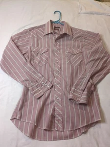 Vtg Wrangler Pearl Snap Button Shirt Men 15 Med Western Cowboy LS Pink Stripe - Picture 1 of 12