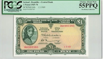 IRELAND 1 Pound 1969 (1-3-69), P-64b, PCGS 55 PPQ Original About UNC - Image 1 of 2