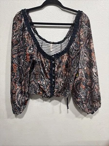 Free People Dare Me Velvet Blouse Womens XL Black Combo Paisley Boho Chic Strap - Picture 1 of 6