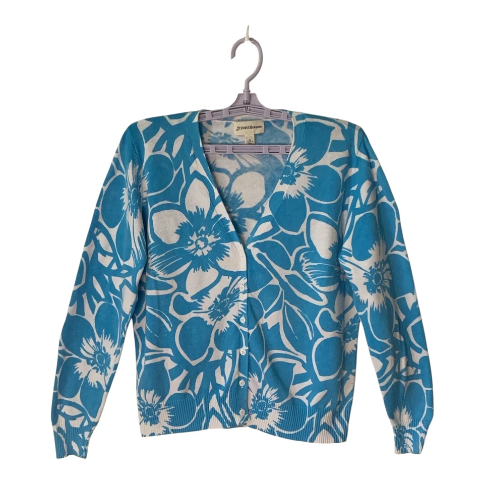 St John's Bay Cardigan Petite Large Blue 100% Cotton Summer Floral Knit Sweater - Image 1 of 4