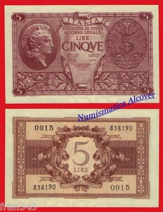 ITALIA ITALY 5 liras lire 1944 Pick 31c SC- / aUNC - Imagen 1 de 1