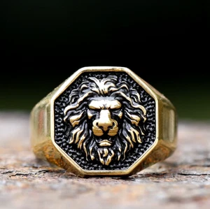 Mens 316L Stainless Steel 3D Lion Head High Polished Signet Ring - Picture 1 of 7
