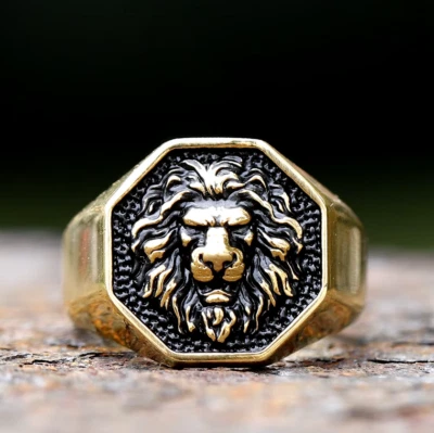 Mens 316L Stainless Steel 3D Lion Head High Polished Signet Ring - Image 1 of 4