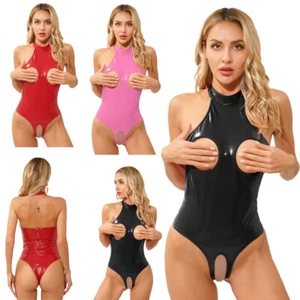 UK Women Shiny Leather Bodysuit Open Bust Crotchless Leotard Catsuit Lingerie - Picture 1 of 43