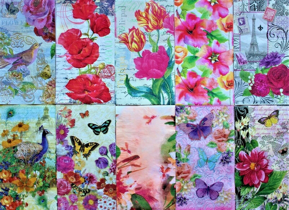 *POOCH & SWEETHEART 10 Ten Mixed Guest Paper Napkins Decoupage ~Floral~Butterfly - Image 1 of 4