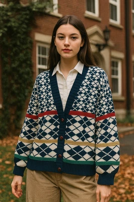 Cárdigan Suéter De Colección Argyle Tejido M Hecho en EE. UU. Preppy Academia Retro Ivy League Foto 1 de 4