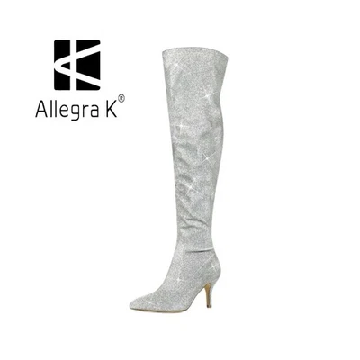 Allegra K Glitter Pointed Toe Stiletto Heel Over The Knee High Boot, Silver, 6 - Image 1 of 4