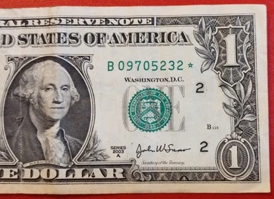 $1 One Dollar Star Note Serial Number B09705232* Series 2003A - Image 1 of 4