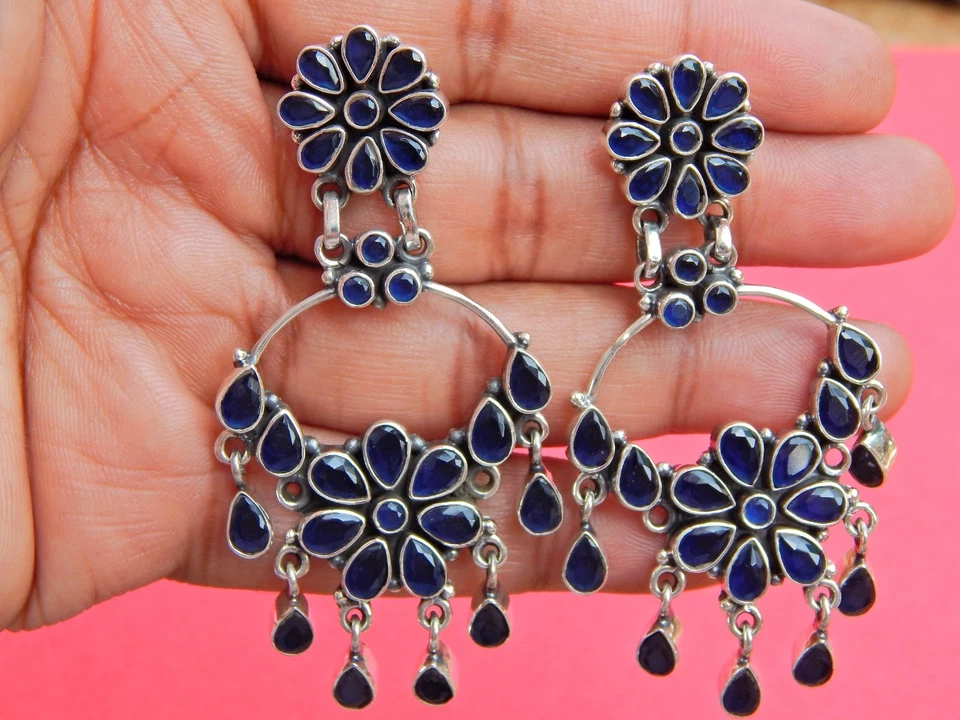 Natural Blue Sapphire Boho Stud Earring 925 Sterling Silver Wedding Jewelry Gift - Image 1 of 4