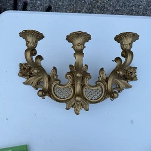 Aplique de pared vintage Syroco 3 brazos vela candelabro dorado Hollywood Regency ornamentado - Imagen 1 de 10
