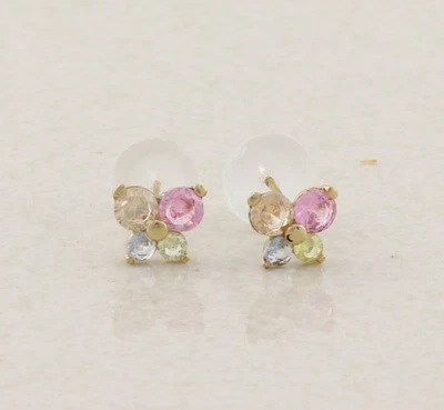 10k Yellow Gold Pink Tourmaline, Amethyst, Citrine Butterfly Earrings Tiny Studs - Image 1 of 4