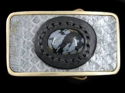 SE03116 *NOS* VINTAGE 1970s *BLACK & WHITE AGATE STONE* SOLID BRASS BELT BUCKLE - Image 1 of 2