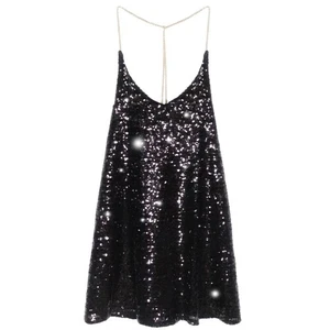 Lady Metal Chain Halter Glitter Sequin Dress Sexy Backless Night Club Dance Gift - Picture 1 of 21