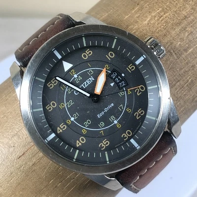 Citizen Men J810-S090822 Aviator Date Brown Leather Solar 44mm Watch 7 1/4" - Image 1 of 4