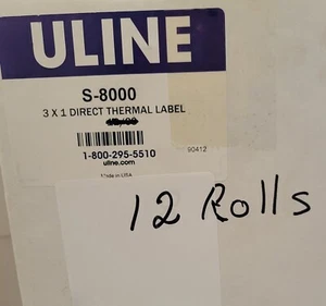 S-8000 ULINE 3" X 1" THERMAL LABELS 12 ROLLS NEW OPEN BOX - Picture 1 of 4