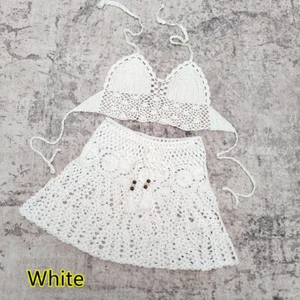 2 Piece Set Hand Crochet Tank Bikini Boho Style Elastic Waistband Beach Skirt - Picture 1 of 12