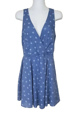 Everly Dress Medium Fit Flare Chambray Blue Lined Surplice USA Short Sheath - Image 1 of 4