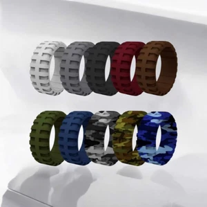 Mens 9MM Rugged Tire Design Sport Style Silicone Ring (Size 9-14) - Picture 1 of 15