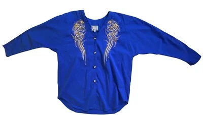 Vintage 1980s Royal Blue Embroidered Top Shirt Size 12 Glam Dynasty Hip Hop Y2K - Image 1 of 3